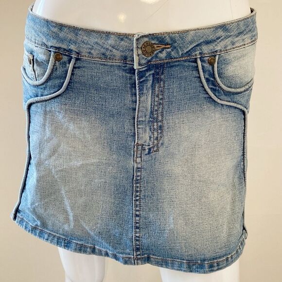Vintage 90s Y2K Lov3e by TM Denim Low Rise Jean Mini Skirt w Piping Details - Picture 2 of 7
